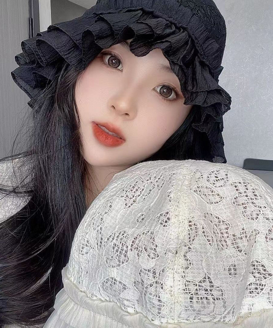 Fashion Black Hollow Out Lace Ruffles Bucket Hat YU1016