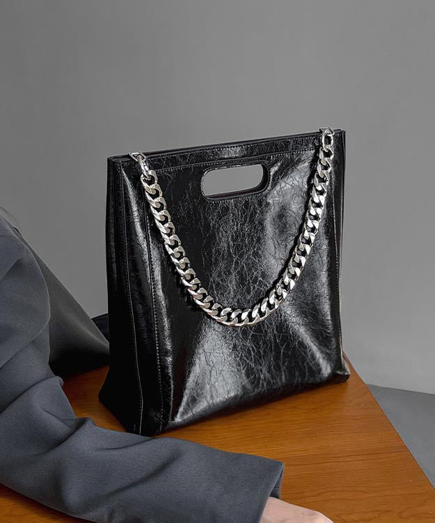 Capacity Large Linked Calf Shoulder Fashion Leather Chain Black