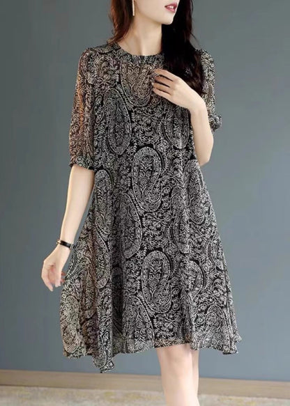 Fashion Black Oversized Print Chiffon Tea Dress Summer YY030