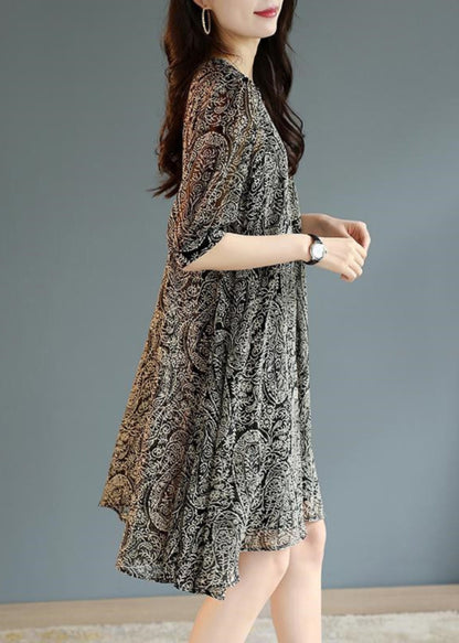 Fashion Black Oversized Print Chiffon Tea Dress Summer YY030