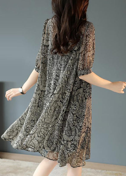 Fashion Black Oversized Print Chiffon Tea Dress Summer YY030