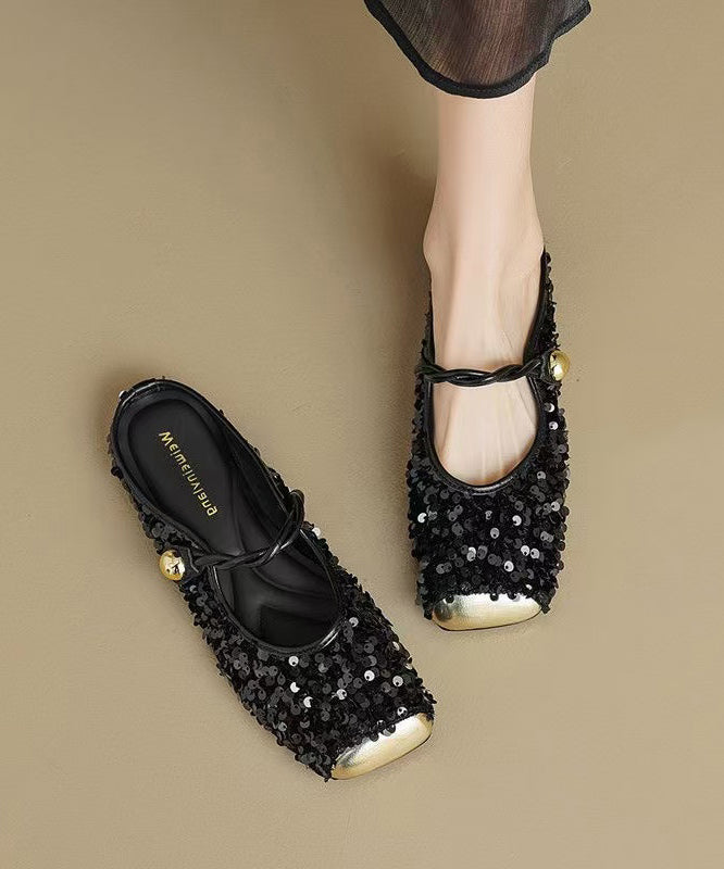 Strap Splicing Sandalen Schwarz Mode Pailletten Schnalle Slide