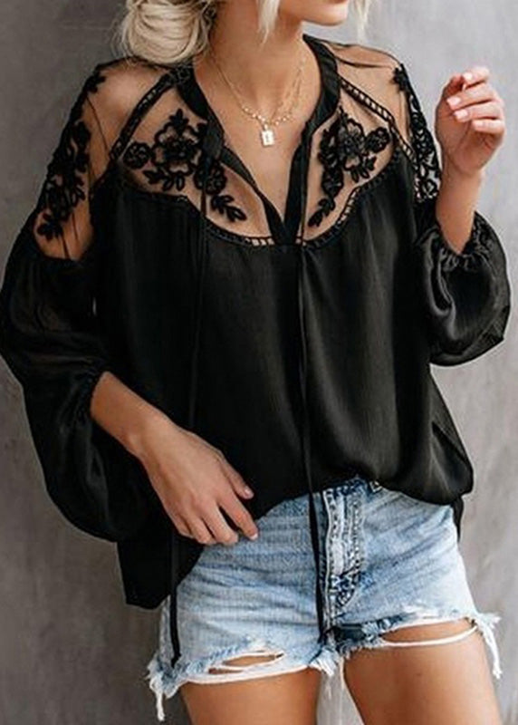 Lantern Floral Neck Tops Sleeve Chiffon V Black Fashion