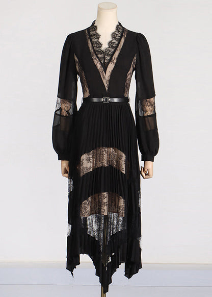 Fashion Black V Neck Lace Patchwork Floral Maxi Dresses Puff Sleeve ZL037