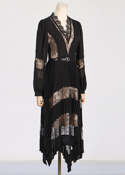 Fashion Black V Neck Lace Patchwork Floral Maxi Dresses Puff Sleeve ZL037