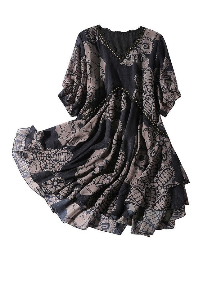 Summer Neck Print Dress Maxi V Chiffon Black Fashion