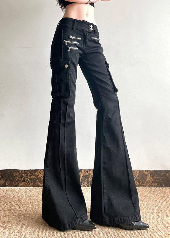 Black Fashion Pockets Flared Zippered High Patchwork Waist Denim