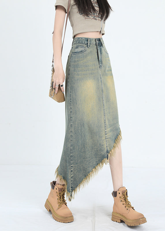 Fashion Blue Asymmetrical Tasseled Denim Skirt Summer EE1012