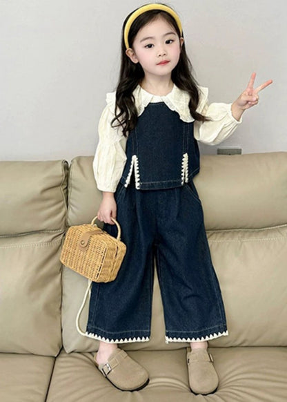 Fashion Blue Kids Denim Waistcoat Shirts And Crop Pants Three Pieces Set Spring TR033