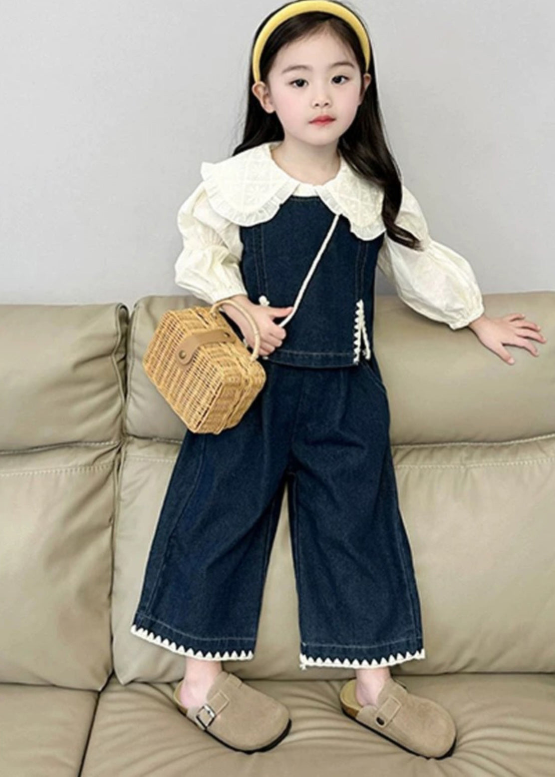 Fashion Blue Kids Denim Waistcoat Shirts And Crop Pants Three Pieces Set Spring TR033