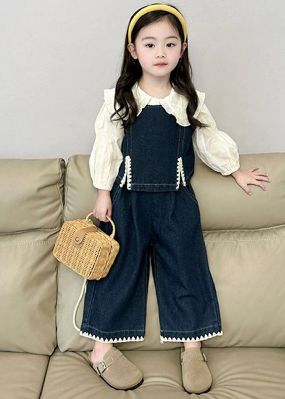 Fashion Blue Kids Denim Waistcoat Shirts And Crop Pants Three Pieces Set Spring TR033