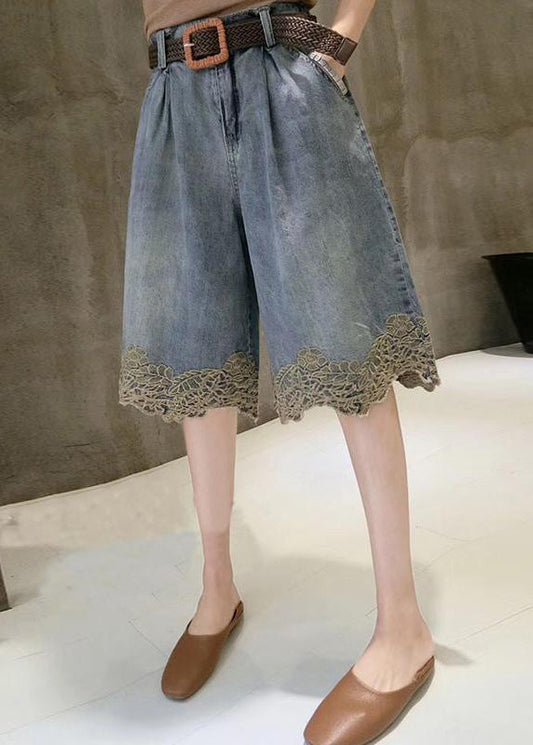 Pantalon en jean patchwork tendance été dentelle bleu
