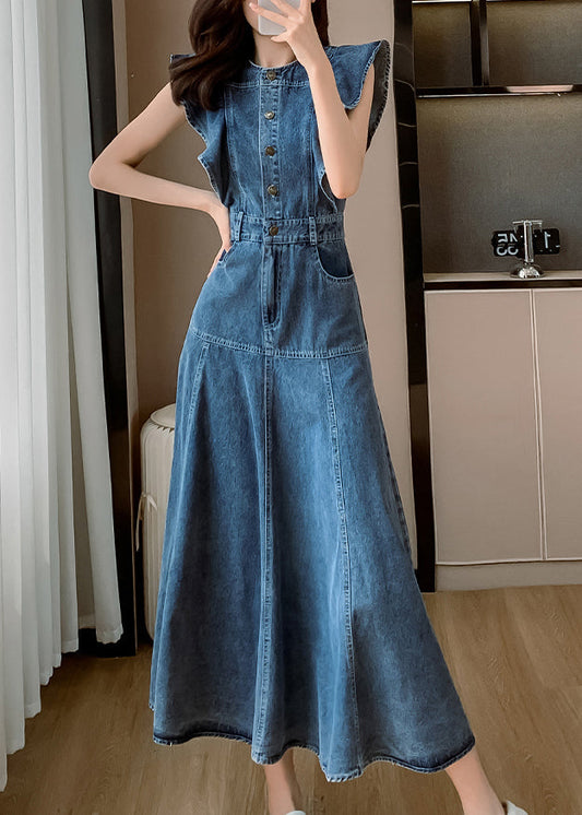Denim Neck Butterfly Sleeve Patchwork Blue Dress O Fashion Long