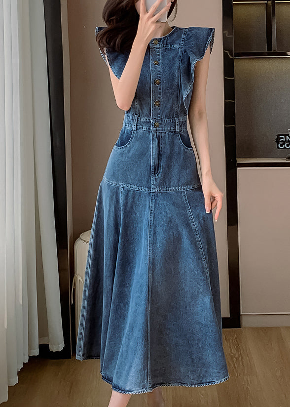 Denim Neck Butterfly Sleeve Patchwork Blue Dress O Fashion Long
