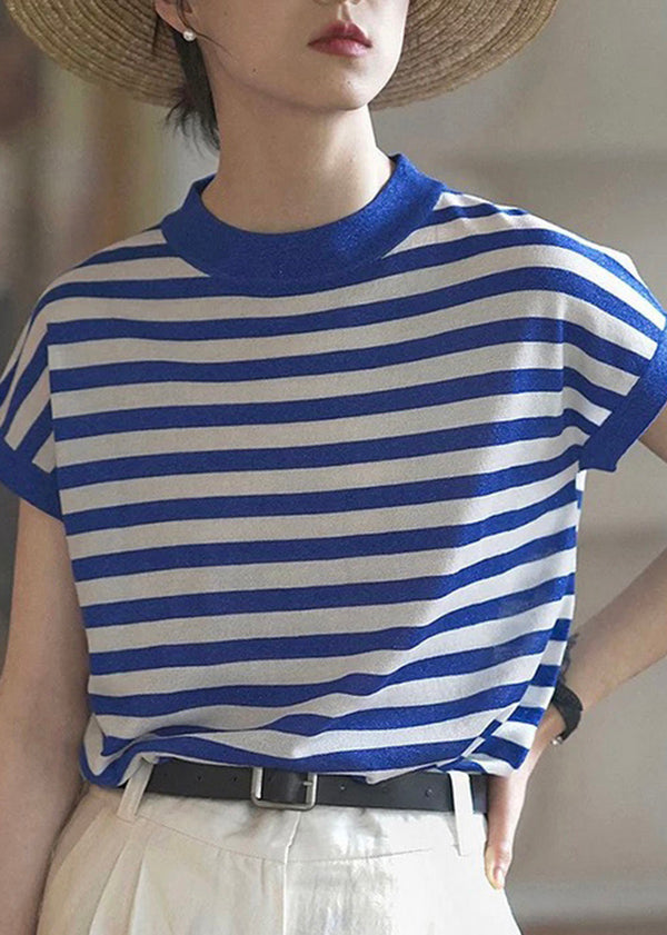 T-shirt rayé bleu à col rond en coton pour l'été TH029