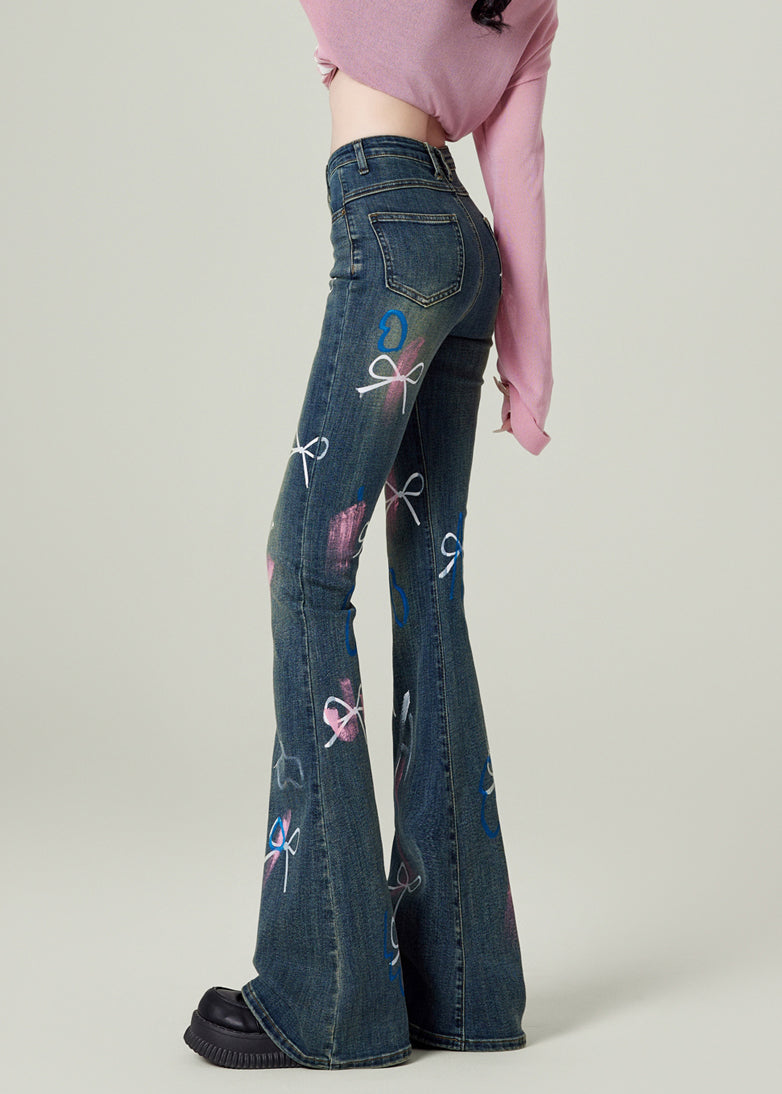 Pantalon évasé en denim bleu avec poches et nœuds, tendance, printemps TN020