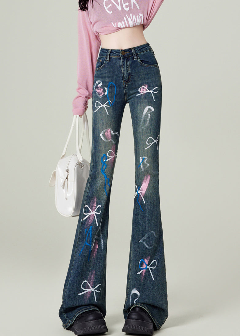 Pantalon évasé en denim bleu avec poches et nœuds, tendance, printemps TN020