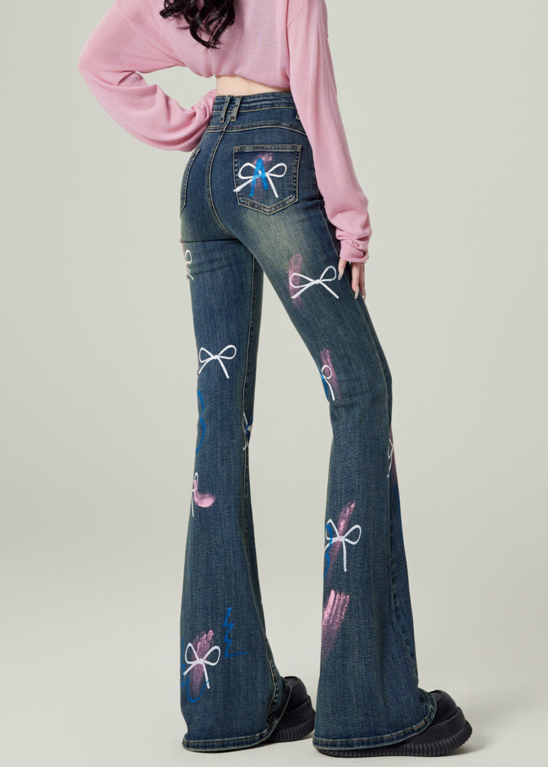 Pantalon évasé en denim bleu avec poches et nœuds, tendance, printemps TN020