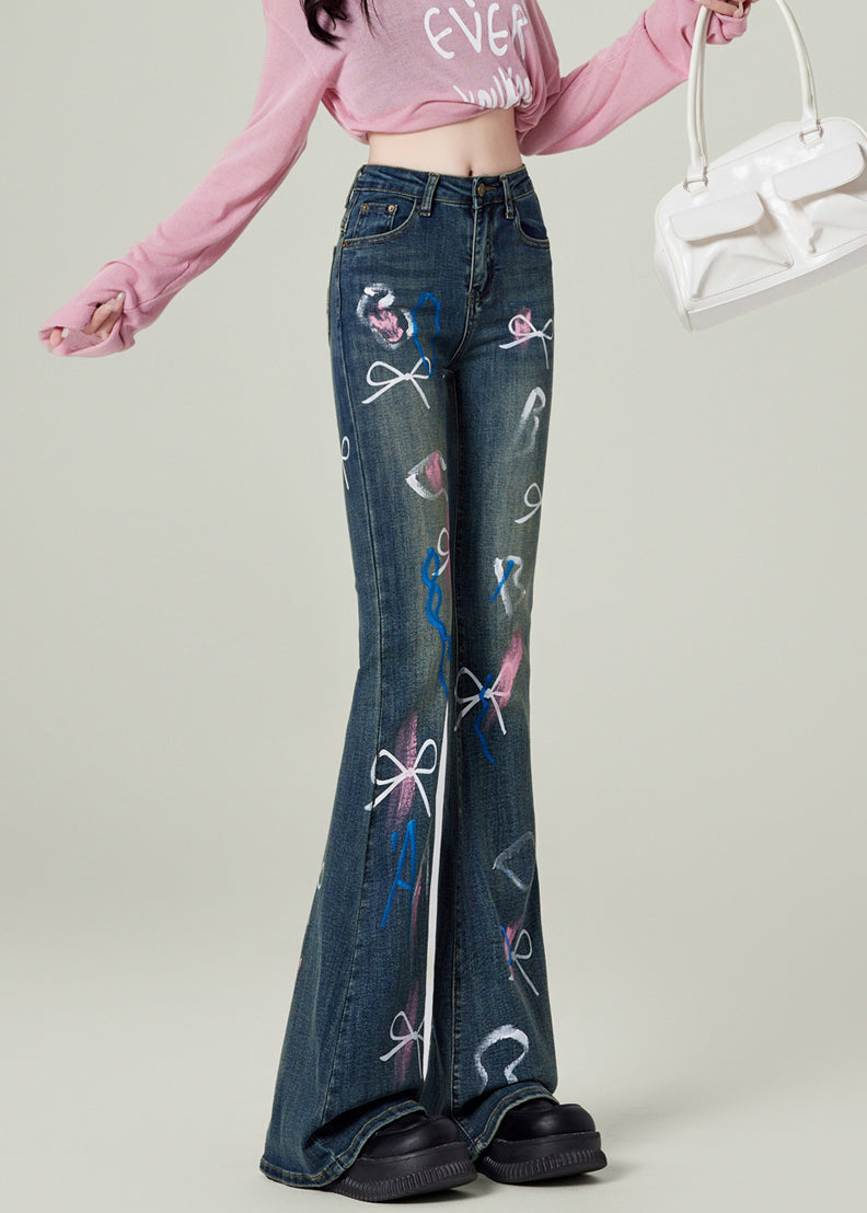 Pantalon évasé en denim bleu avec poches et nœuds, tendance, printemps TN020