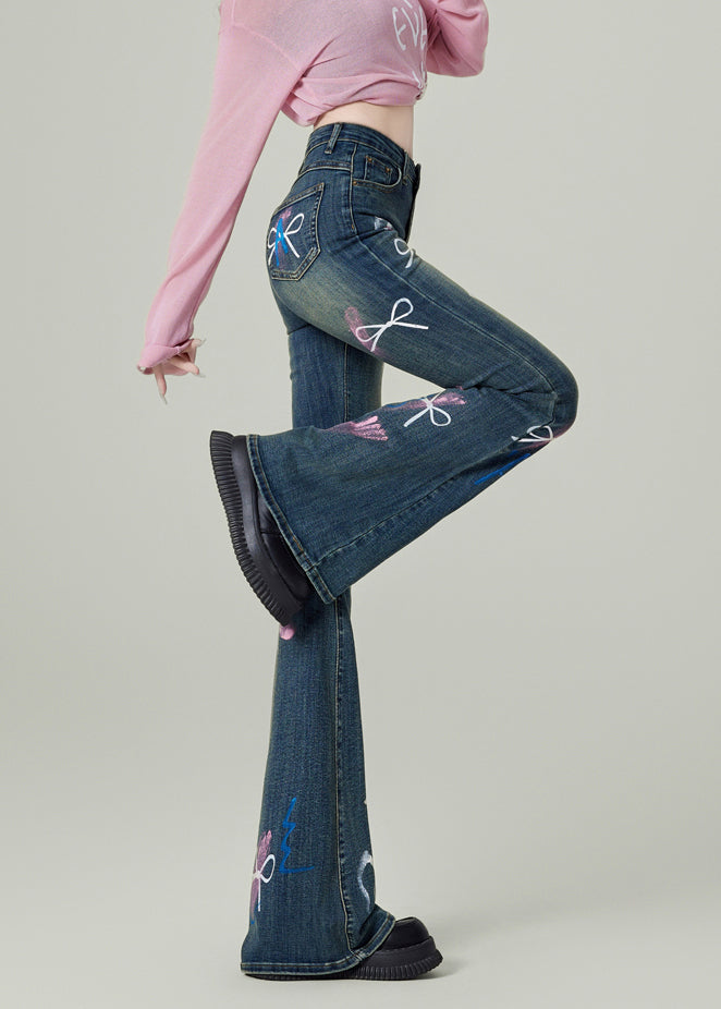 Pantalon évasé en denim bleu avec poches et nœuds, tendance, printemps TN020