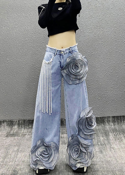 Fashion Blue Pockets Floral Bead Tassel Denim Pants Fall RI013