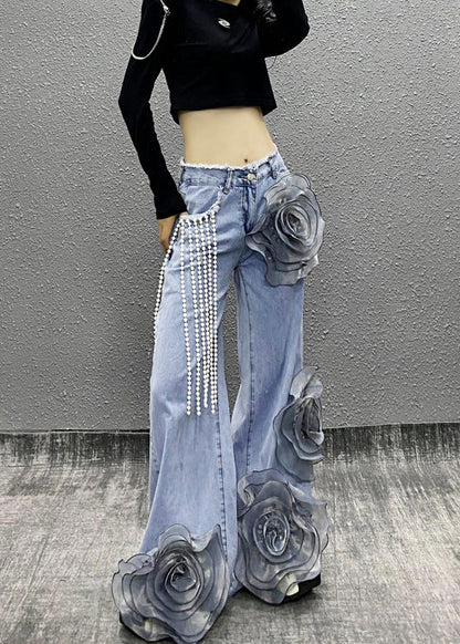 Fashion Blue Pockets Floral Bead Tassel Denim Pants Fall RI013