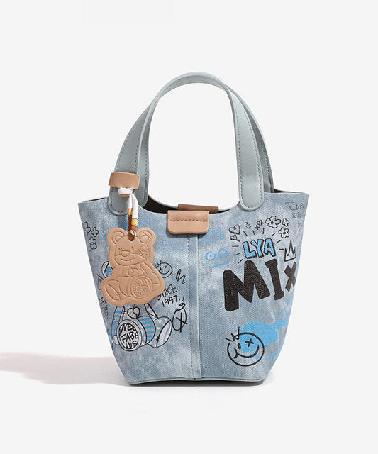 Sac seau en denim bleu imprimé patchwork tendance