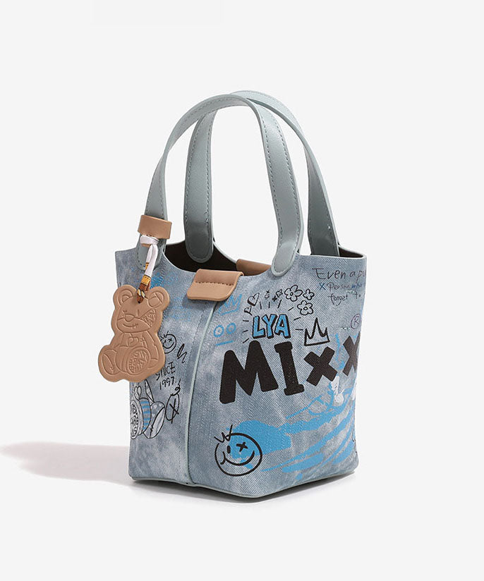 Sac seau en denim bleu imprimé patchwork tendance