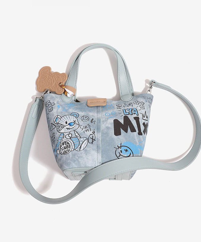 Sac seau en denim bleu imprimé patchwork tendance