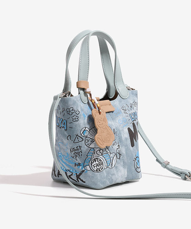 Sac seau en denim bleu imprimé patchwork tendance
