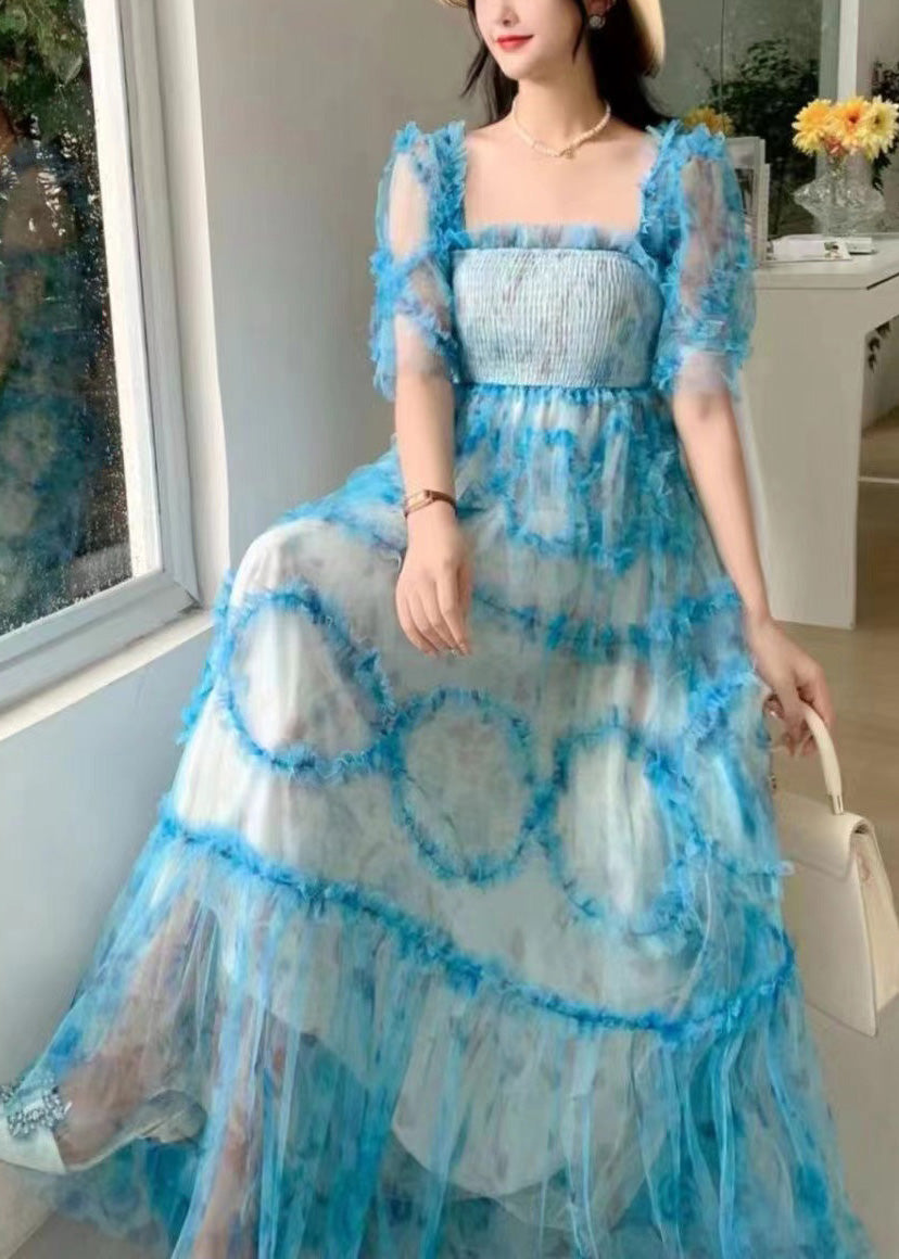 Robe longue en tulle bleu à volants et col carré pour l'été XX075