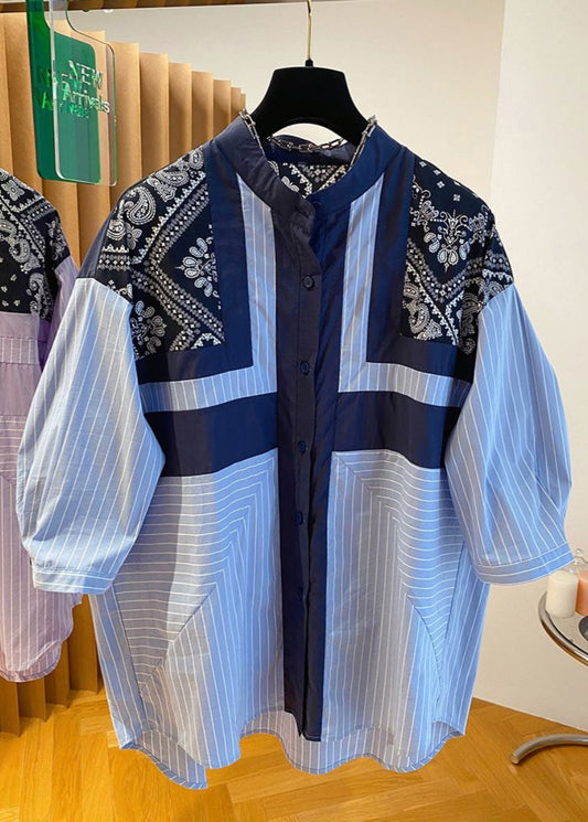 Chemise patchwork à imprimé bleu à col montant tendance pour l'automne UU039