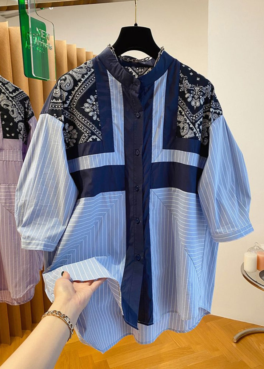 Chemise patchwork à imprimé bleu à col montant tendance pour l'automne UU039