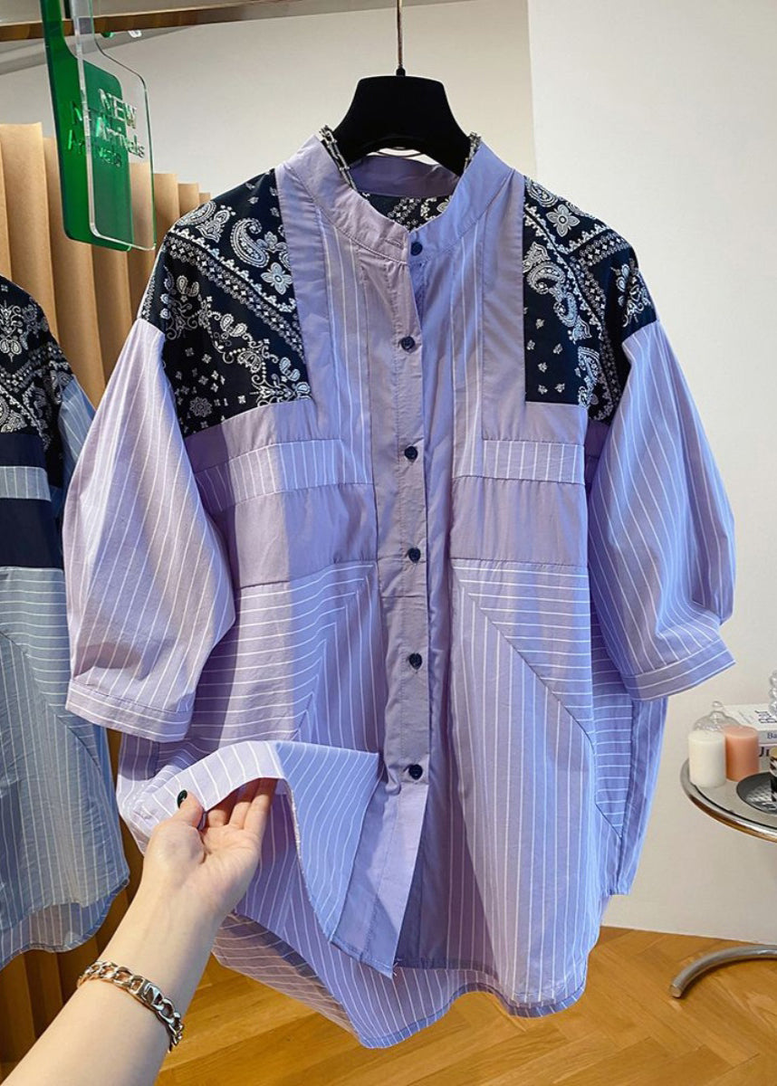 Chemise patchwork à imprimé bleu à col montant tendance pour l'automne UU039