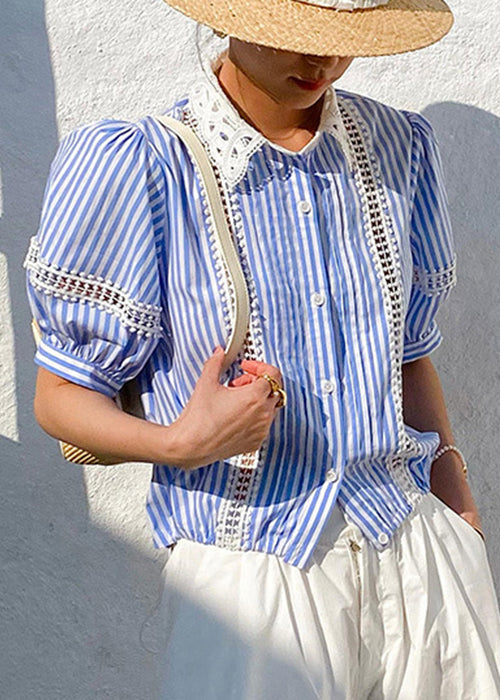 Fashion Out Summer Striped Blue Blouses Cotton Hollow