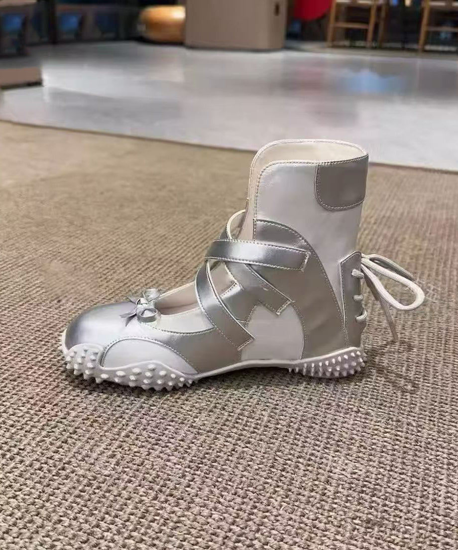 Nude Up Fashion Lace Bow Leather Shoes Faux Splicing Flats