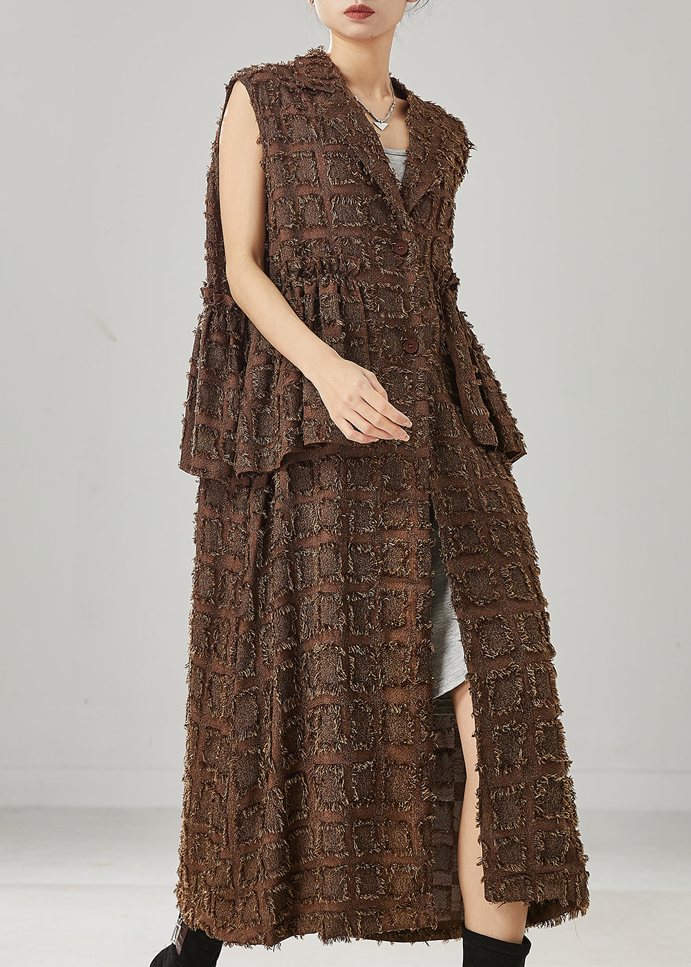 Fashion Brown Ruffled Cotton Long Vests Spring YU1003