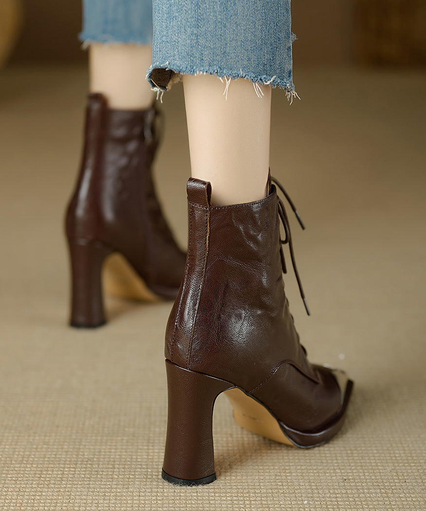 Fashion Brown Sheepskin Splicing Chunky Heel Boots Cross Strap TE003