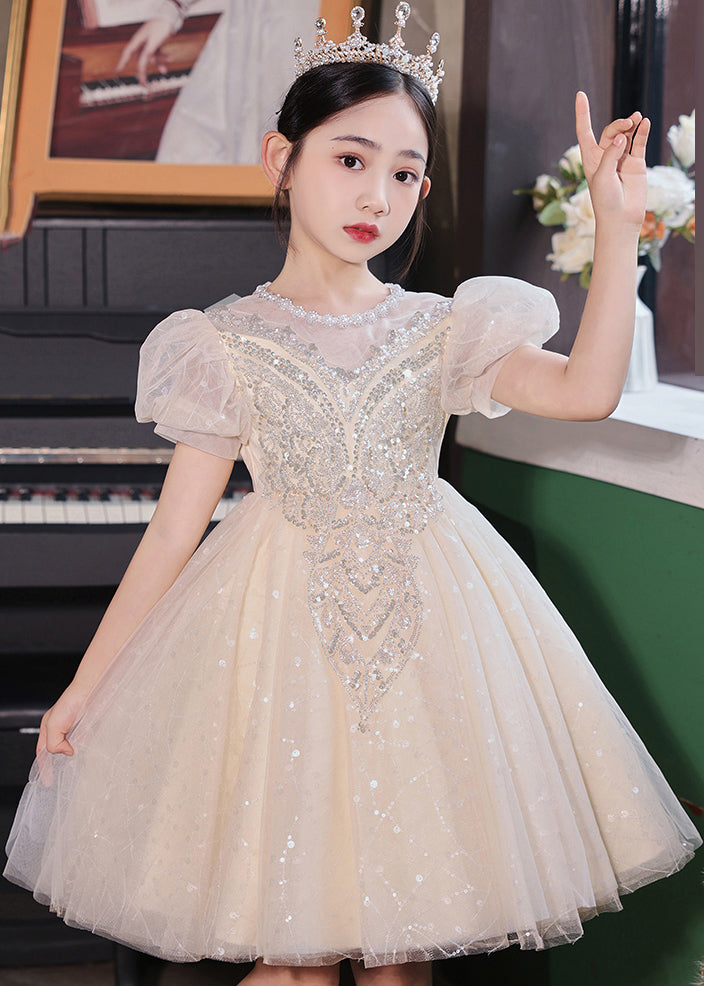 Fashion Champagne O-Neck Patchwork Sequins Tulle Kids Long Dresses Summer XZ041