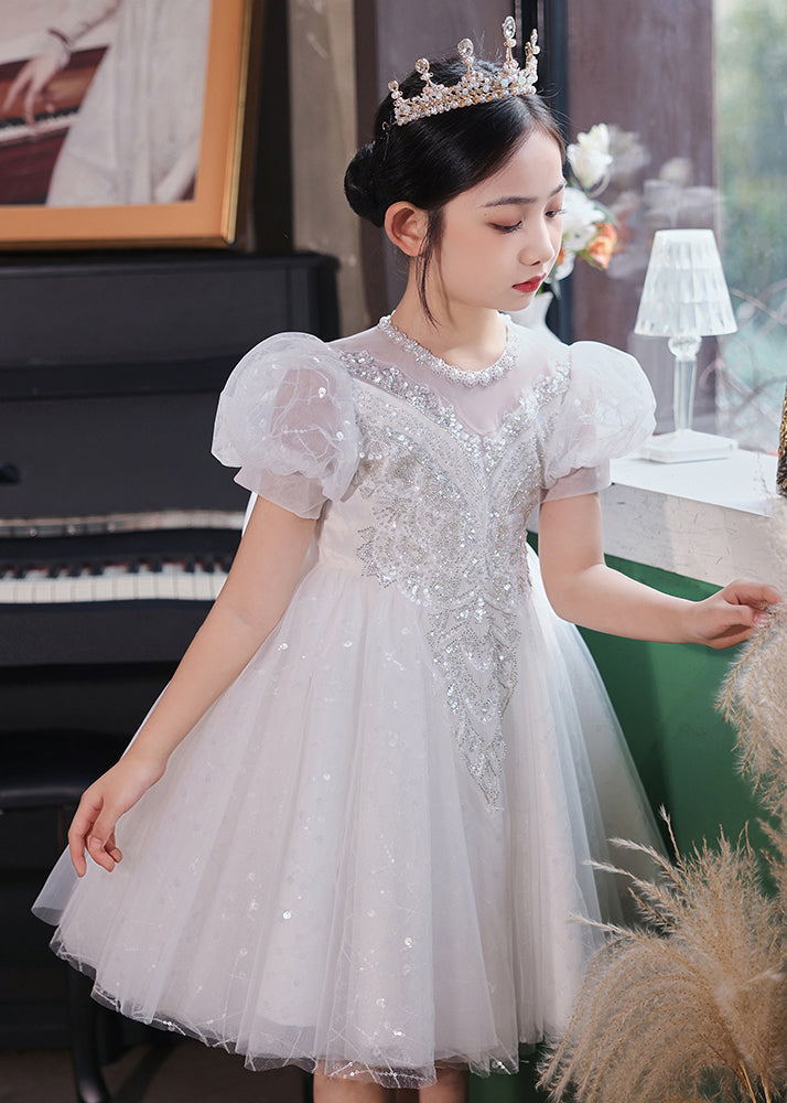 Fashion Champagne O-Neck Patchwork Sequins Tulle Kids Long Dresses Summer XZ041