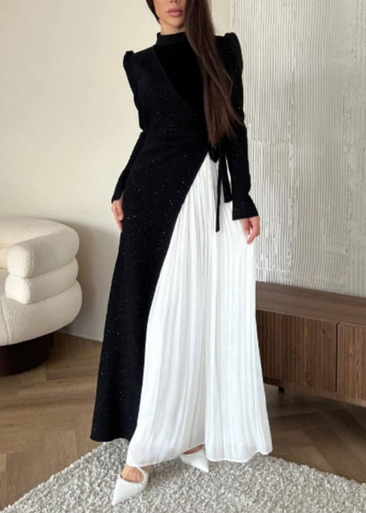 Robe deux pièces plissée à blocs de couleurs et patchwork WO053