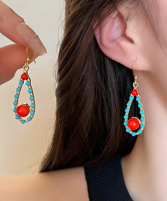 Boucles d'oreilles pendantes en argent sterling avec blocs de couleurs tendance et incrustations d'agate turquoise en forme de goutte d'eau ZZ010