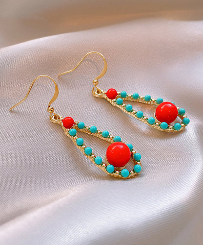 Fashion Colorblock Sterling Silver Overgild Inlaid Turquoise Agate Water Drop Drop Earrings ZZ010