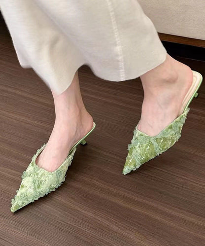 Fashion Floral Splicing Kitten Green Slide Sandals Pointed Toe JJ007