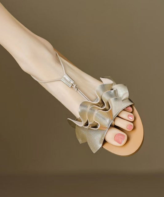 Peep Flat Fashion Sandals Toe Gold Wrinkled Splicing
