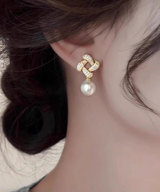 Square Silver Sterling Overgild Zircon Pearl Drop Fashion Gold