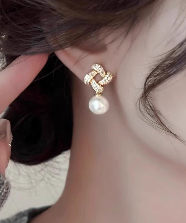 Square Silver Sterling Overgild Zircon Pearl Drop Fashion Gold