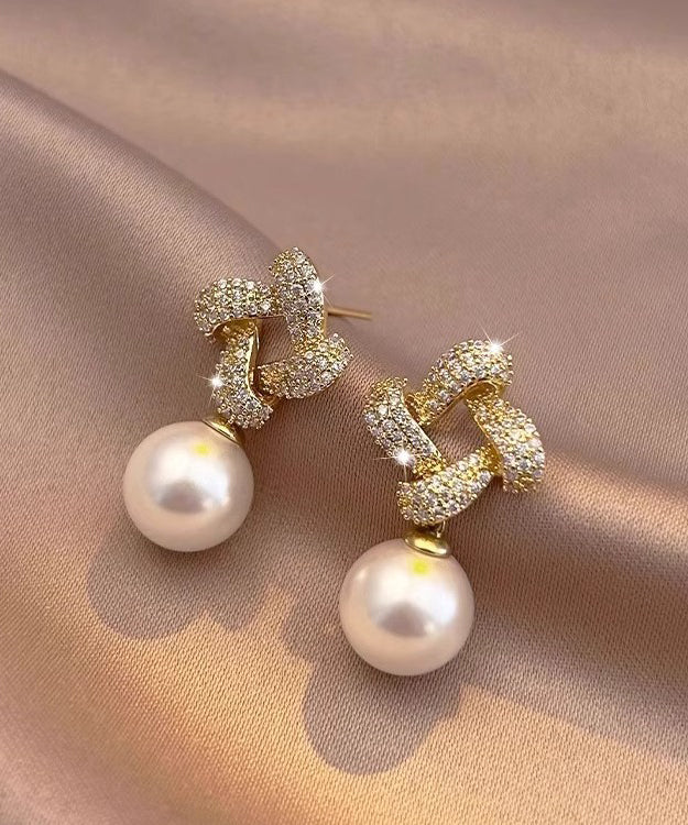 Square Silver Sterling Overgild Zircon Pearl Drop Fashion Gold