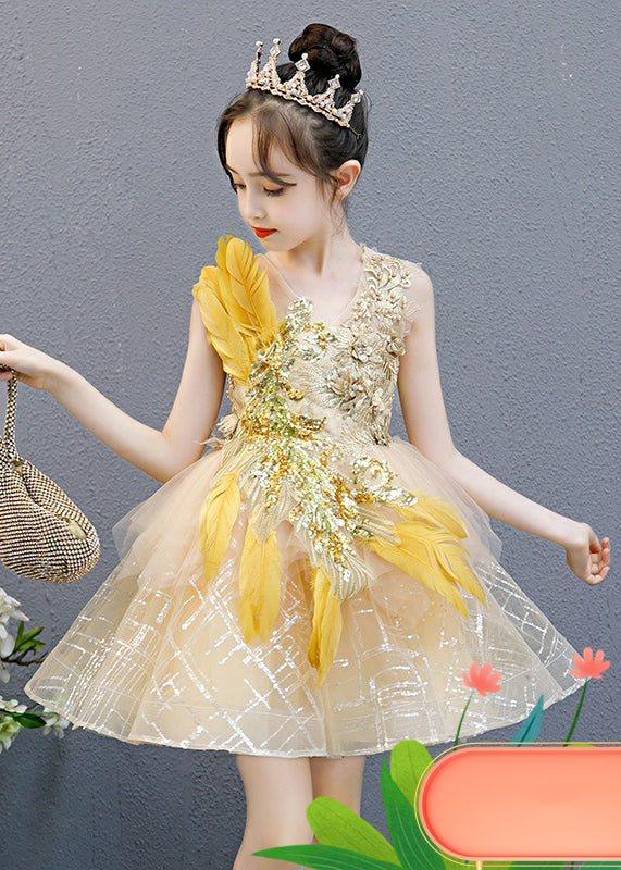 Fashion Gold V Neck Lace Patchwork Tulle Girls Mid Dress Sleeveless QV006