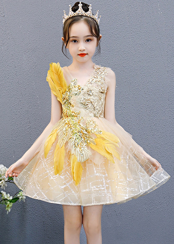 Fashion Gold V Neck Lace Patchwork Tulle Girls Mid Dress Sleeveless QV006